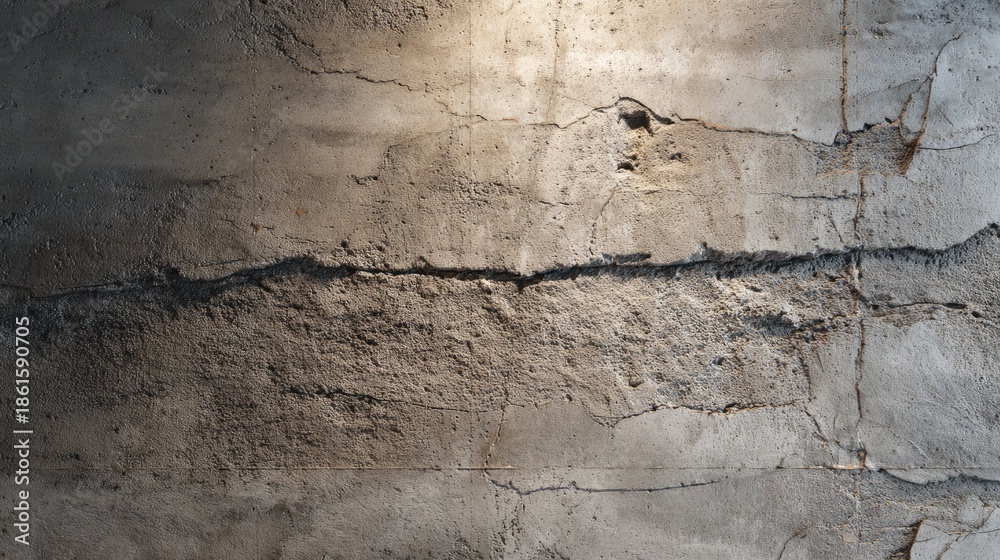 Fototapeta premium Textured Close-up of Weathered Concrete Wall with Cracks and Imperfections in Natural Light
