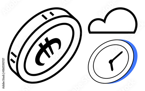 Financial technology, time tracking, cloud computing, digital currency, blockchain, scheduling. Coin with dollar sign, clock and cloud icons. Financial technology and time tracking concept