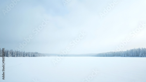 Frozen Lake Surrounded by Forest in Minimal Winter Scene

