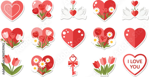 Romantice valentine stickers with hearts and flowers are shown on a white background hasil akhir 3