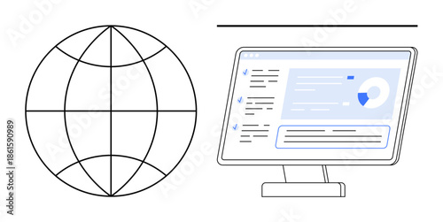 Global communication, internet, data analytics, information technology, digital interface, web services. A globe alongside a monitor displaying data charts. Global communication and data analytics