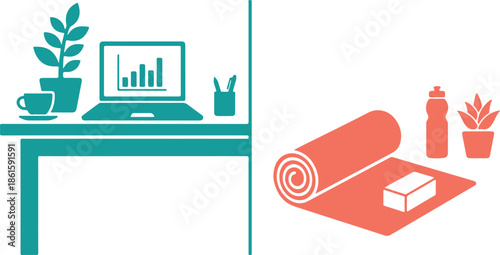Work-Life Balance Icon. Business Desk Job vs. Yoga Fitness Wellness.