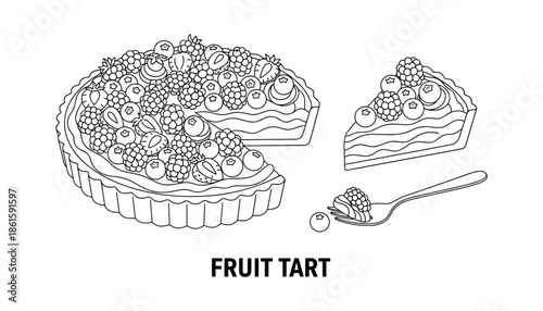 Fruit tart pie with berries and slice isolated on transparent background line art