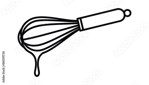 Outline drawing of hand egg whisk with drips for culinary recipe on transparent backdrop