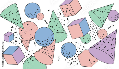 Pastel 80s Geometric Shapes Background. Memphis Style Vector.