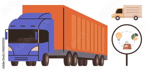 Large freight truck and small delivery van accompanied by a magnifying glass highlighting logistics flow and delivery data. Ideal for transport, shipping, cargo, supply chain, e-commerce, analytics