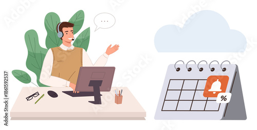 Man with headset at desk pointing toward calendar with alert and percentage. Ideal for scheduling, customer support, communication, planning, time management, organization, productivity. Simple flat
