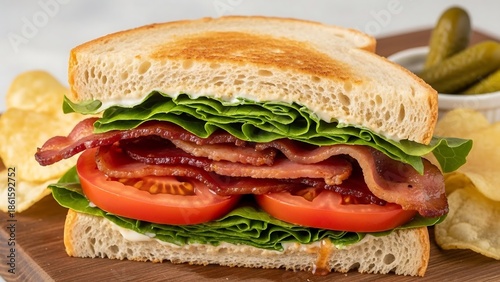 BLT Sandwich with Chips and Pickles.