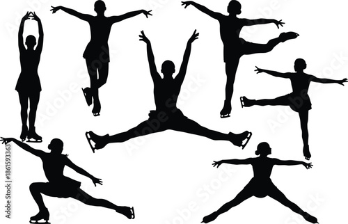 Figure skating silhouettes set, professional ice skater performing jumps and spins, elegant female athlete winter sports poses, isolated artistic graceful vector illustration elements,