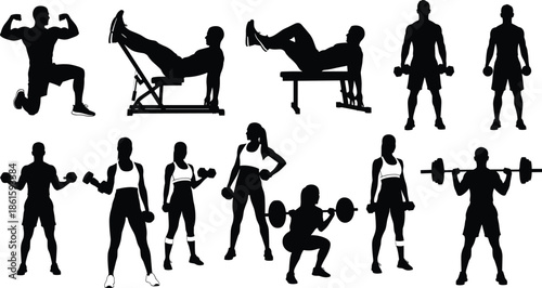 Fitness and bodybuilding silhouettes set, professional athletes lifting weights and training in gym, isolated male and female workout poses vector illustration elements,