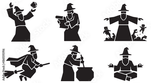 Collection of six silhouette icons representing a wizard performing various magical actions, including casting spells, flying on a broomstick, and meditating.