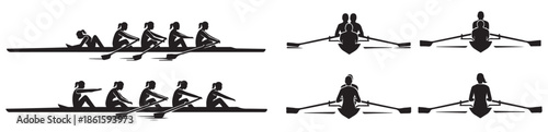 Silhouettes of rowers in a boat, demonstrating different rowing positions and team sizes for competitive racing.
