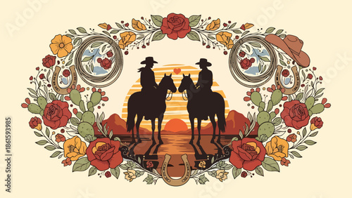 Cowboys on Horseback with Floral Border.