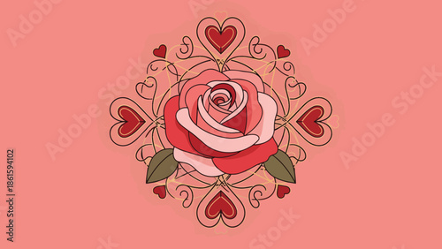 Red Rose with Hearts and Floral Decor.