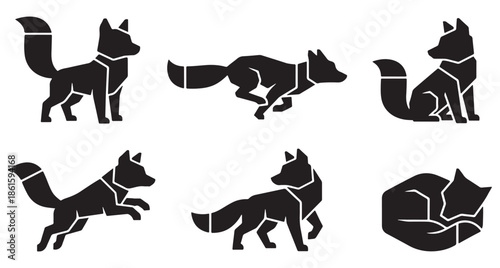 Set of stylized fox icons in various poses, isolated on a white background, representing different actions and moods of the animal.