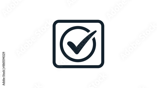 A graphic illustration of a checkmark in a circle on a square background.