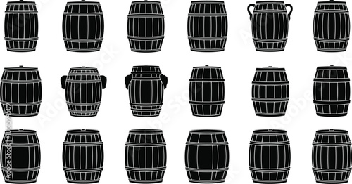 Wooden barrel and cask icon set, black silhouette vector illustration of brewery storage, wine cellar containers, and whiskey vats on white background.