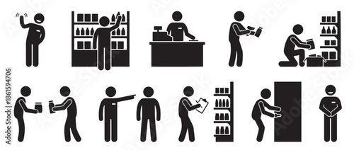 Supermarket Worker Silhouette Character Set in Different Poses Arranging Products on Shelf Using Cash Register and Talking Isolated Vector Illustration
