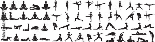 Set of yoga poses asanas silhouette for meditation and relaxation harmony lifestyle and balance spiritual wellness