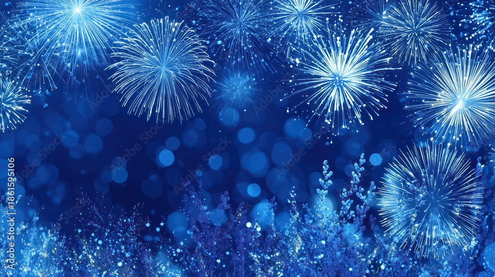 Fototapeta premium Blue Fireworks Display on a Night Sky Background with Sparkling Lights and Blurred Bokeh Effects