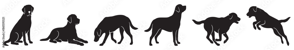 Fototapeta premium Collection of black dog silhouettes in various poses, including sitting, lying down, sniffing, standing, running, and jumping.