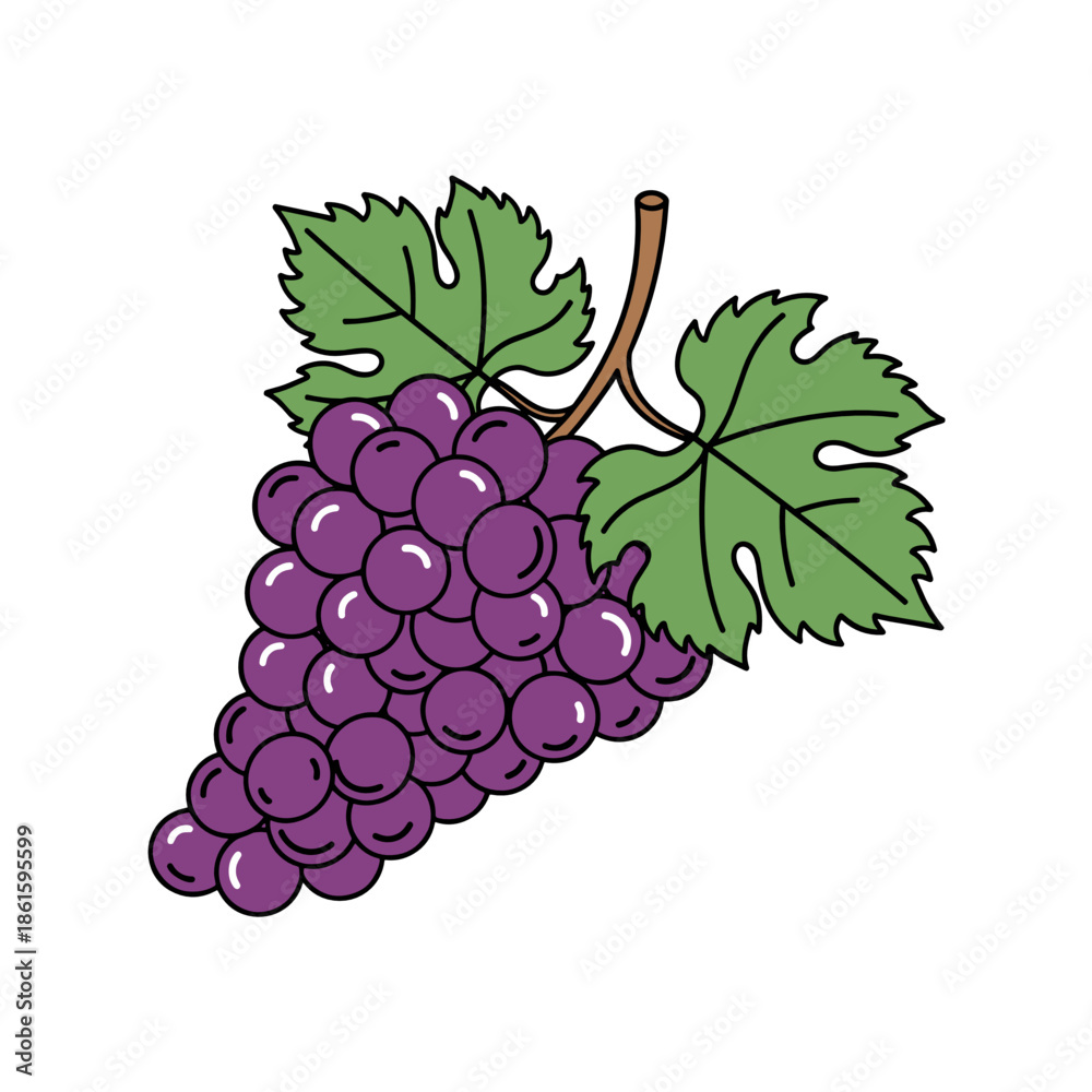 Fototapeta premium Angled purple grape cluster with green leaves in icon style for Trifon Zarezan and winemaking visuals