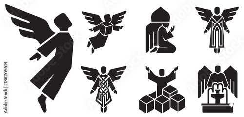 Collection of stylized black icons representing angels and religious figures in various poses and symbolic contexts.