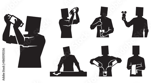 Set of vector illustrations depicting a bartender making cocktails and serving drinks.