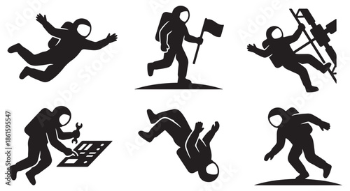 Collection of Silhouettes Representing Astronauts in Various Poses and Activities in Space.