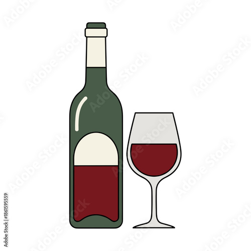 Green bottle and glass of red wine in icon style for Trifon Zarezan festive visuals