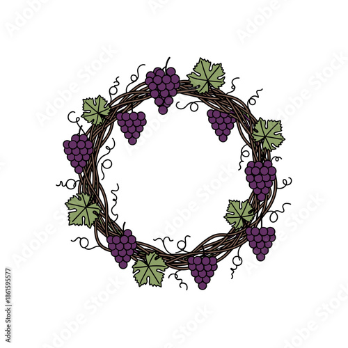 Grapevine wreath with purple grapes and green leaves in icon style for Trifon Zarezan decoration visuals