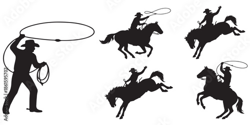 Silhouette collection of cowboys on horses, one cowboy is throwing a lasso, others are riding and roping.