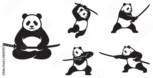 Set of Panda Bears in Various Martial Arts Poses with Swords.