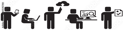 Business people using technology for work, including smartphones, laptops, cloud computing, data analysis, and task management.