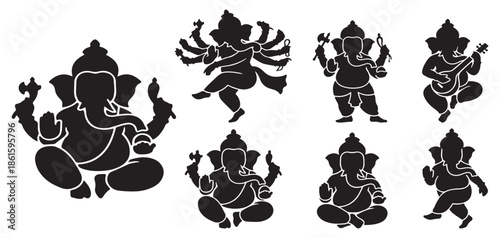 Collection of Ganesha silhouettes in various poses, representing Hindu culture and spirituality.