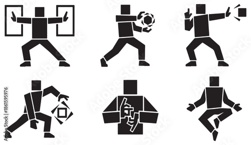 Set of six abstract figures performing various actions and poses, depicted in a minimalist black and white style.