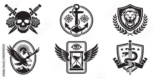 Collection of six distinct emblems and badges featuring iconic symbols like a skull, anchor, lion, eagle, hourglass, and sword.