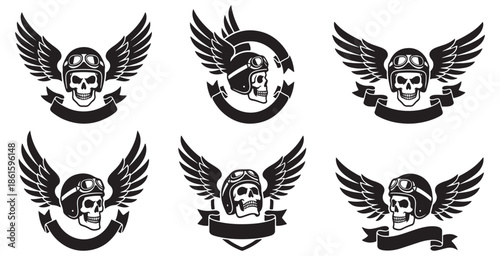 Set of six winged skull emblems with banners and helmets, perfect for motorcycle clubs or edgy designs.