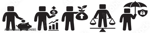Set of icons representing financial concepts: saving, growth, investment, balance, and security.