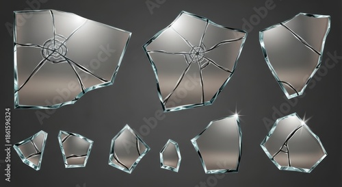 Collection of transparent shattered glass pieces with visible cracks and reflections