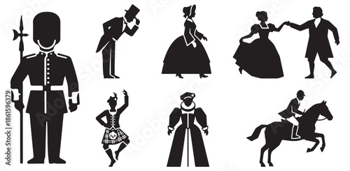 Collection of historical silhouette figures including a royal guard, dancers, a nobleman, a Scottish dancer, and a rider on horseback.