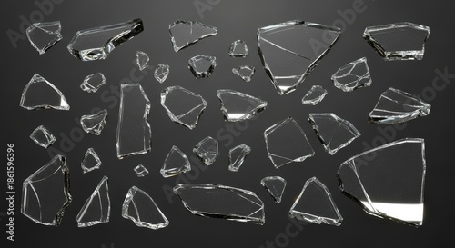 Dynamic close-up view of sharp, scattered shards of broken glass reflecting light on a dark surface, creating a texture of damage and vulnerability