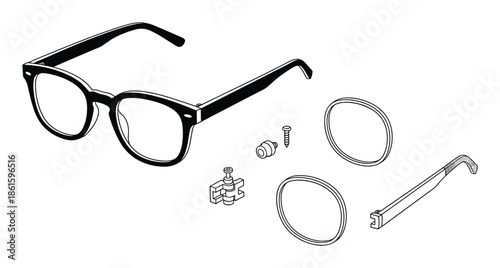 Exploded view of eyeglasses sketch vector illustration concept drawing on transparent backdrop