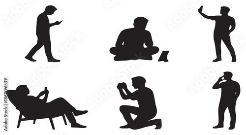 Collection of Silhouettes of Men Using Smartphones in Various Poses and Activities.