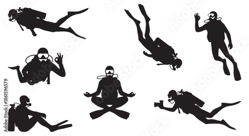 Collection of Silhouettes of Divers in Various Poses Underwater.