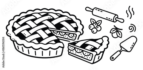 Hand drawn sketch of apple pie with slice and rolling pin in vintage style bakery vector image