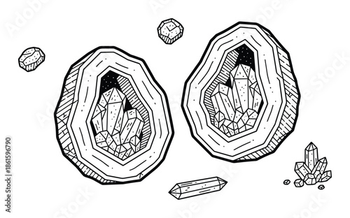 Foto Linear drawing of natural agate slice geode stones for jewelry and decoration de