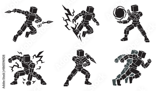 Set of stylized superhero action poses with dynamic energy effects and motion blur.