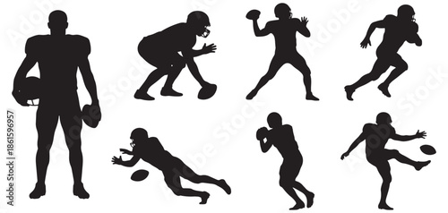 Collection of silhouettes of American football players in various action poses, including throwing, catching, running, and kicking.