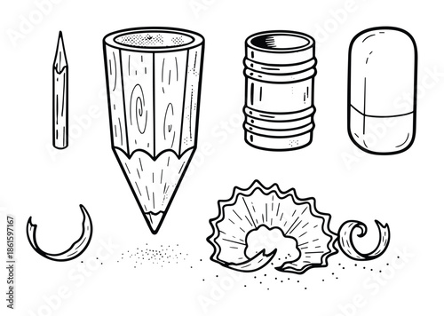Pencil sharpener and shavings drawing for education or art vector illustration